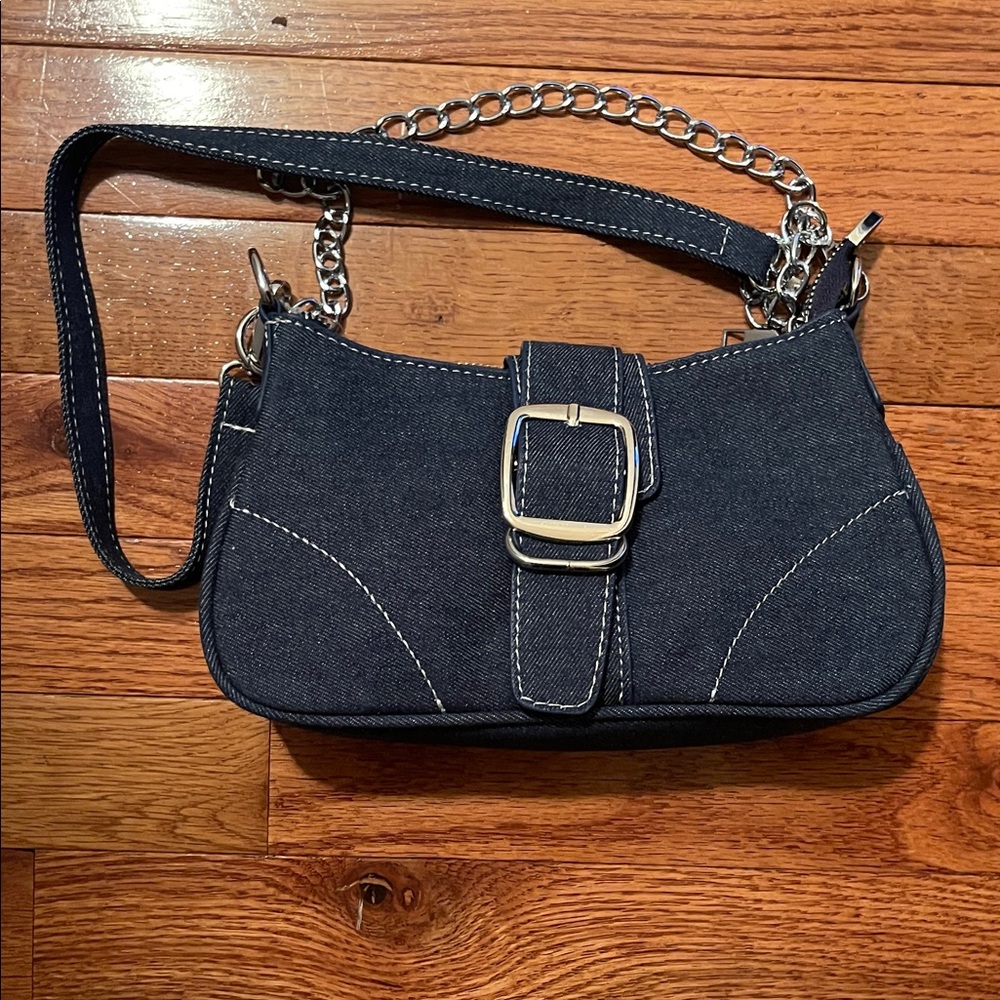 Fashion Nova Dark Blue Denim Shoulder Bag with Chain